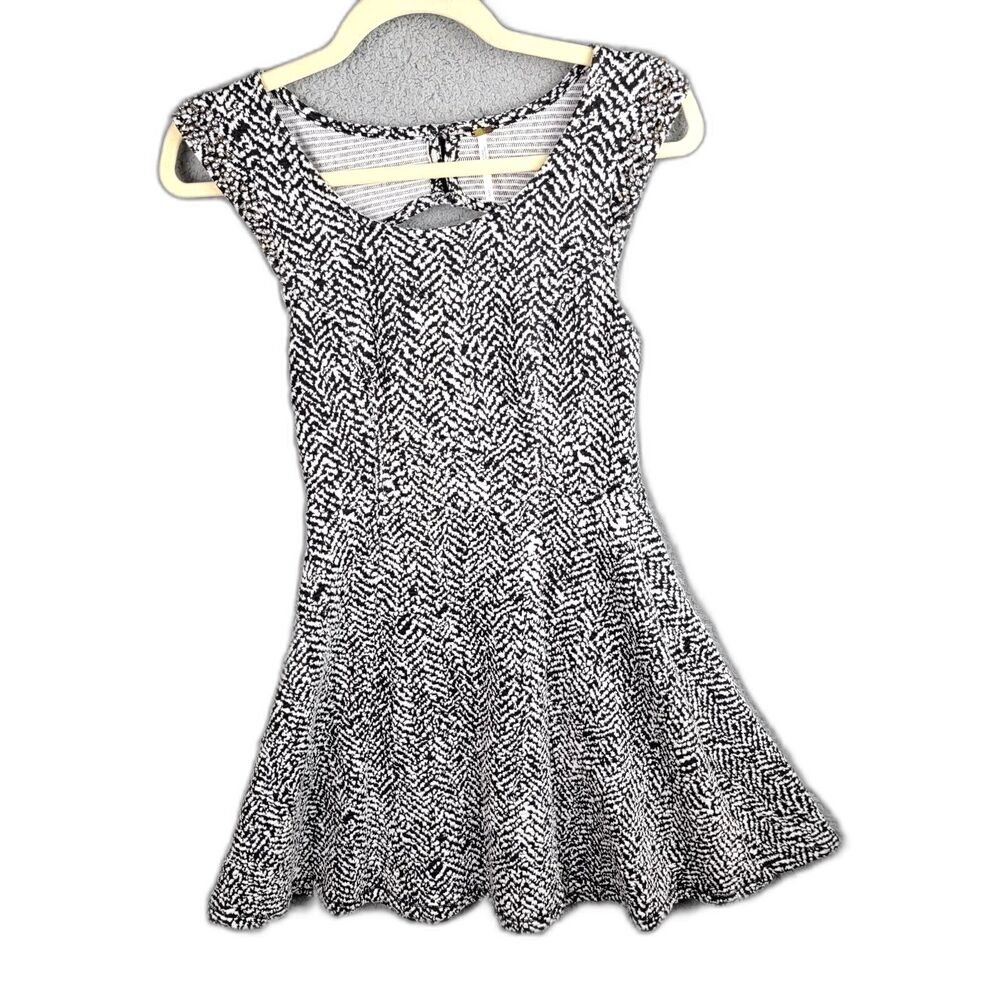 Free People Womens Mini Dress Small Black White Rhinestone Cap Sleeve Keyhole